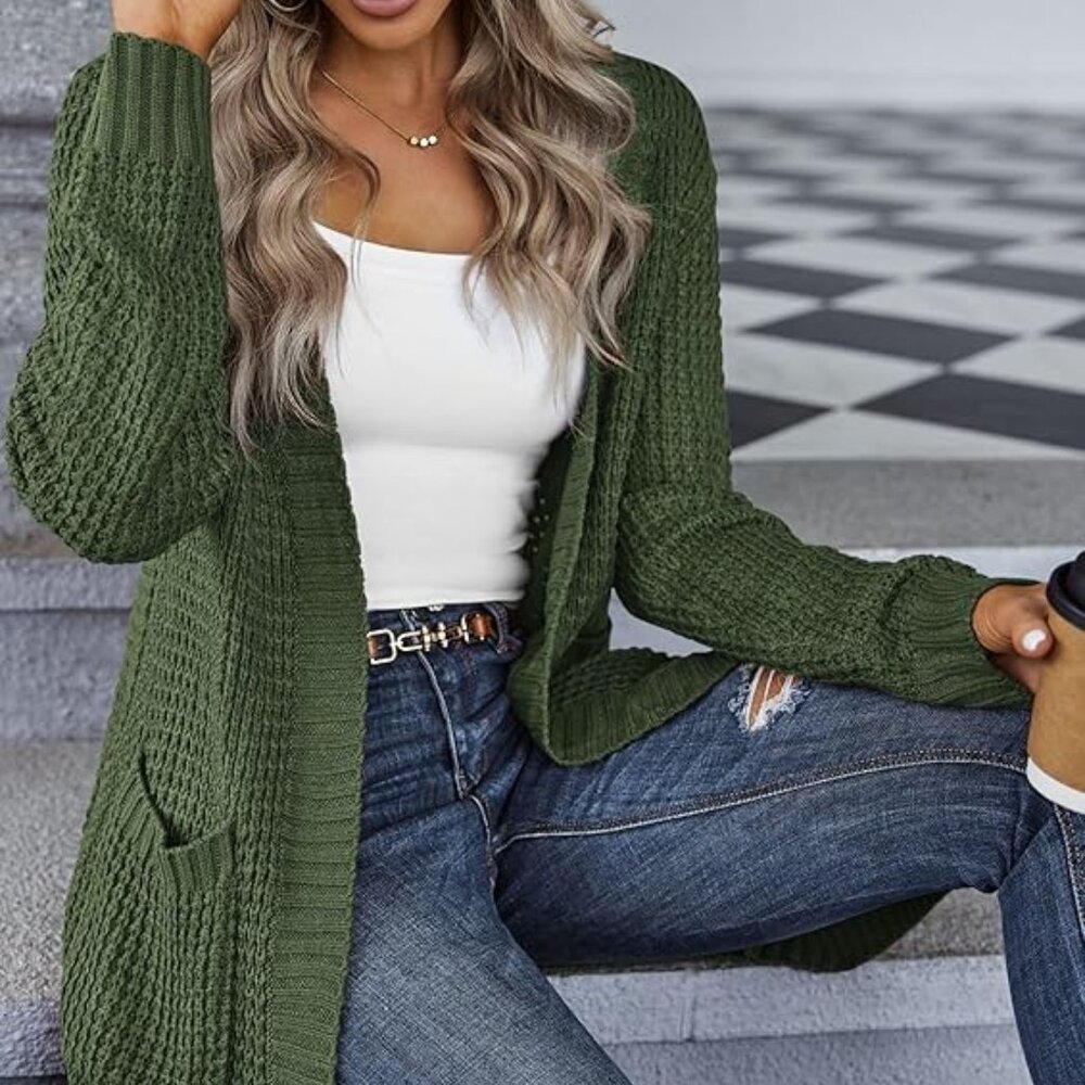 Zeagoo Womens Open Front Green Chunky Knit Batwing Sleeve Long Cardigan‎ Size S